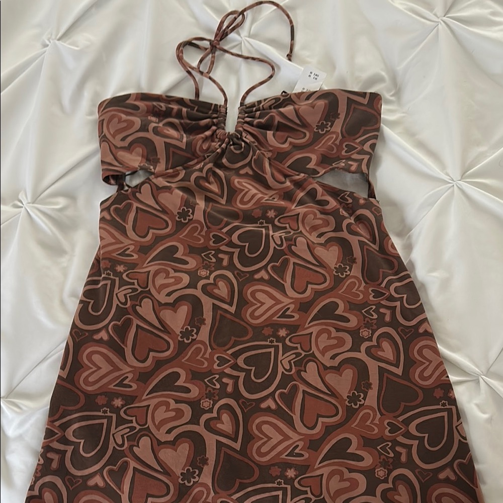 Heart Patterned Brown Halter Dress